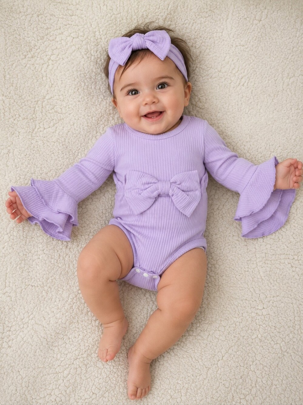 Lavender Ribbed Bell Sleeve Bow Onesie Romper Baby Girl 9–12 Months